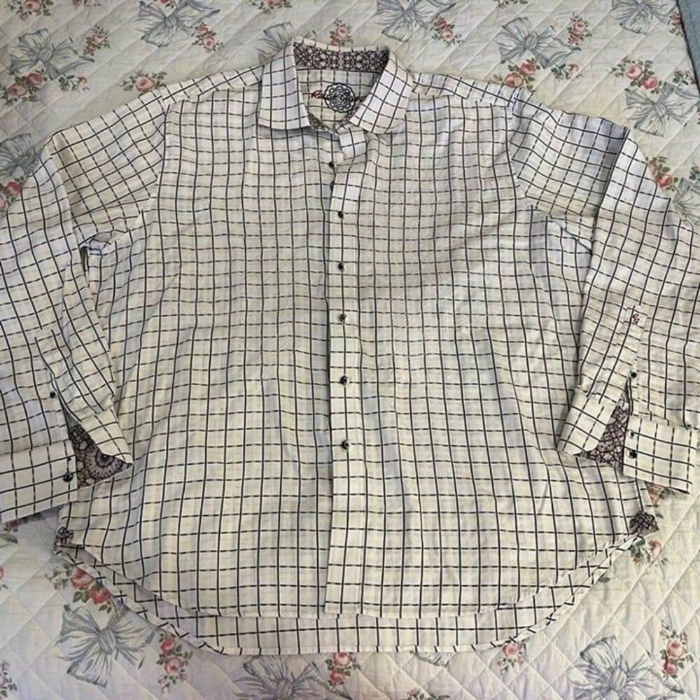 Robert Graham Full Chest Embroidery White Black Check Button Down size XXXL 3XL
